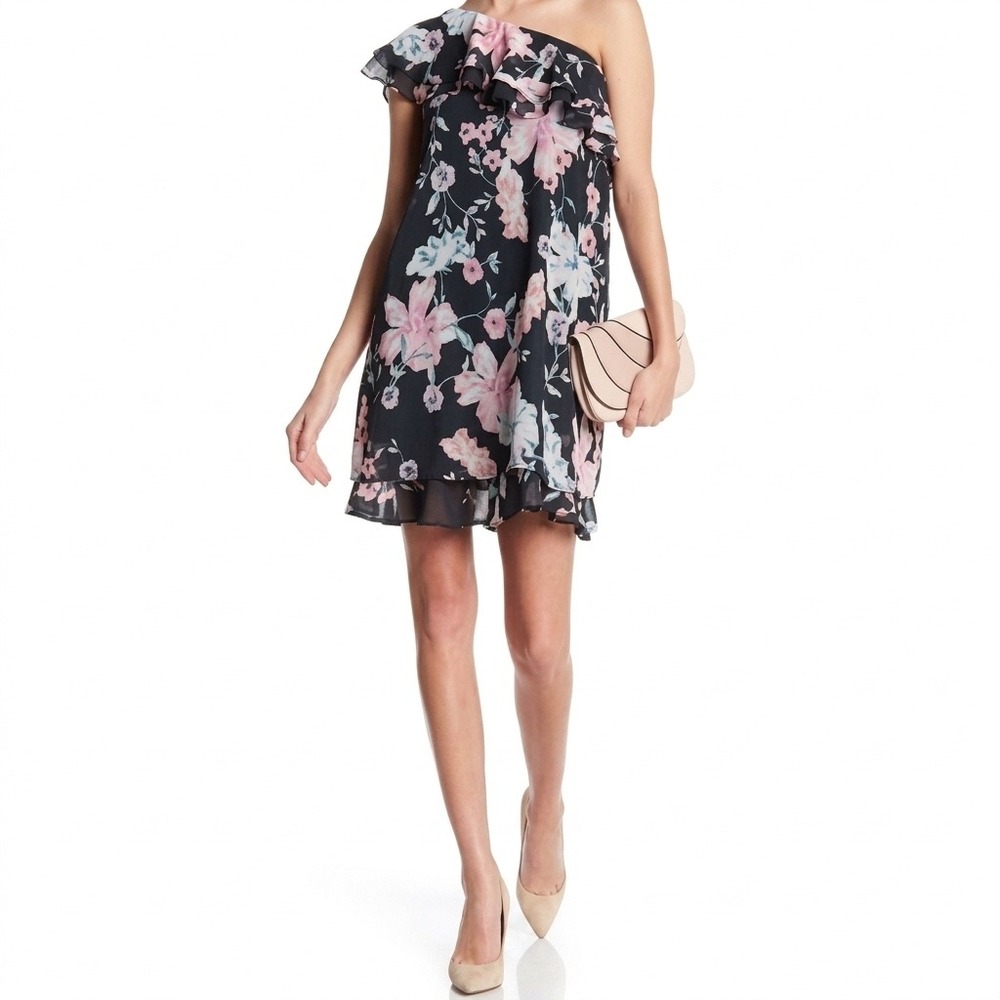 Eliza J One Shoulder Dress Womens 10 Blue Floral Ruffle Cocktail Chiffon Wedding